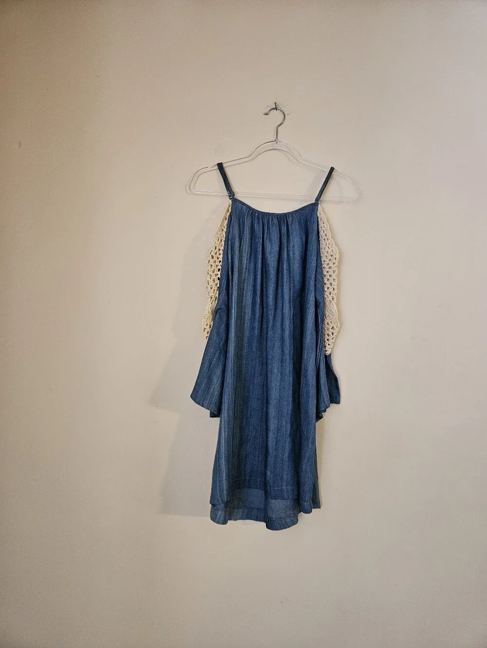 Umgee Blue Chambray Spaghetti Strap Dress with Cream Crochet Sides, Size Large